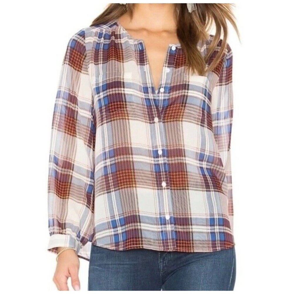 Revolve Joie Safford Silk Button Up Ochre Large Plaid Cream Red Blue Shirt 9756‎